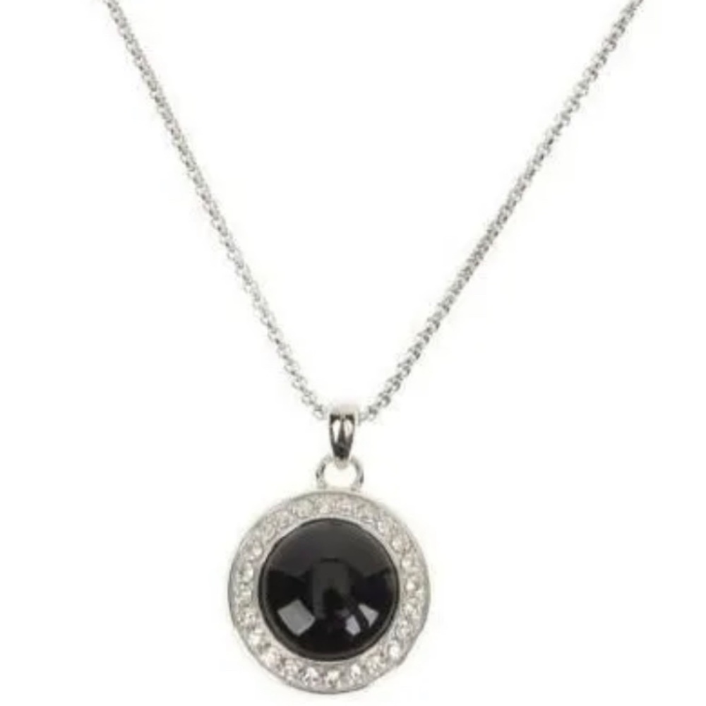 Designer Colleen Lopez Black Onyx Cabochon & White Topaz Pendant, 18" Chain